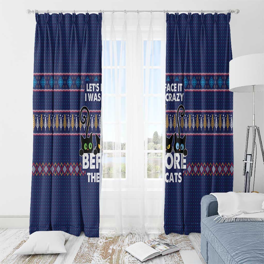 Crazy Cat Lover Window Curtain with Black Cats and Funny Quote in Blue Holiday Knit Pattern Design - Wonder Print Shop