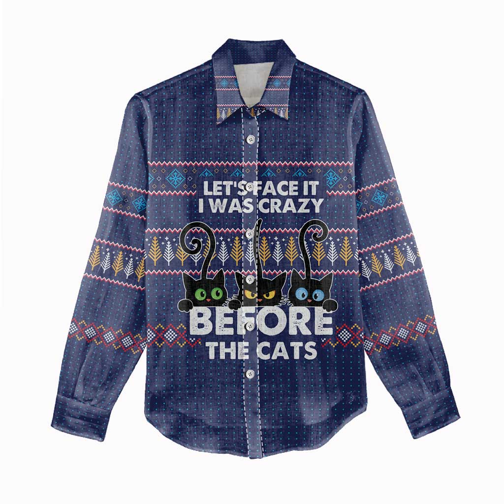 Crazy Cat Lover Women Casual Shirt with Black Cats and Funny Quote in Blue Holiday Knit Pattern Design - Wonder Print Shop