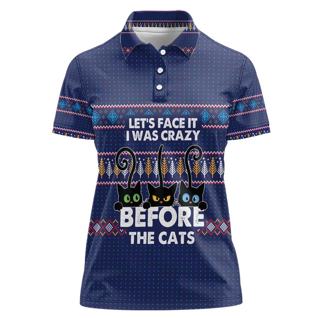 Crazy Cat Lover Women Polo Shirt with Black Cats and Funny Quote in Blue Holiday Knit Pattern Design - Wonder Print Shop