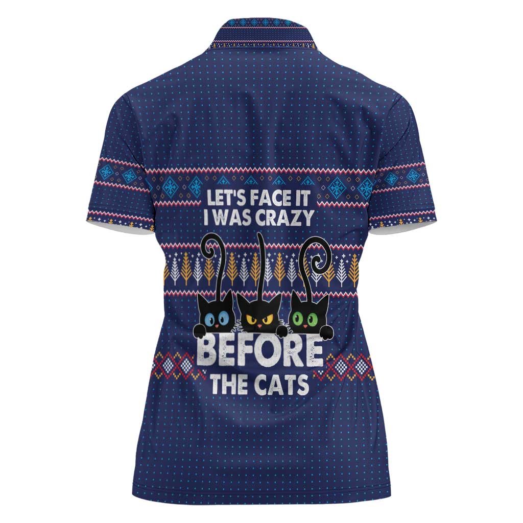 Crazy Cat Lover Women Polo Shirt with Black Cats and Funny Quote in Blue Holiday Knit Pattern Design - Wonder Print Shop