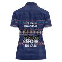 Crazy Cat Lover Women Polo Shirt with Black Cats and Funny Quote in Blue Holiday Knit Pattern Design - Wonder Print Shop