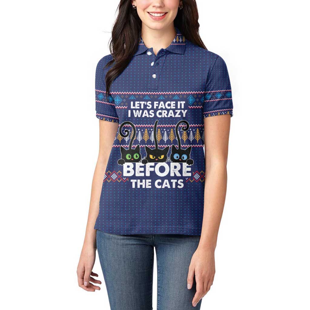 Crazy Cat Lover Women Polo Shirt with Black Cats and Funny Quote in Blue Holiday Knit Pattern Design - Wonder Print Shop