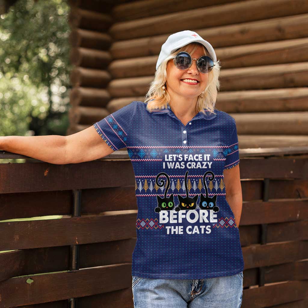 Crazy Cat Lover Women Polo Shirt with Black Cats and Funny Quote in Blue Holiday Knit Pattern Design - Wonder Print Shop