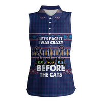 Crazy Cat Lover Women Sleeveless Polo Shirt with Black Cats and Funny Quote in Blue Holiday Knit Pattern Design - Wonder Print Shop