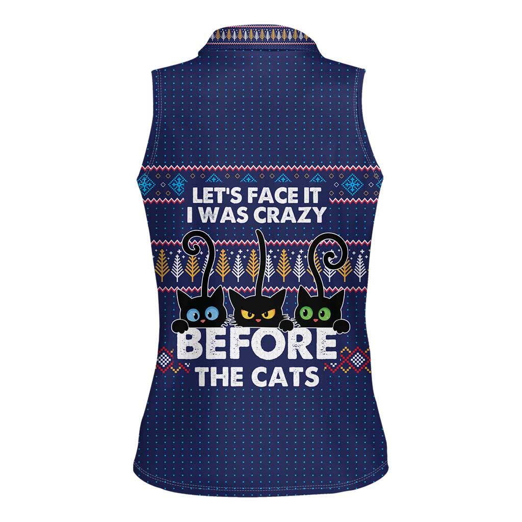Crazy Cat Lover Women Sleeveless Polo Shirt with Black Cats and Funny Quote in Blue Holiday Knit Pattern Design - Wonder Print Shop