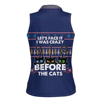 Crazy Cat Lover Women Sleeveless Polo Shirt with Black Cats and Funny Quote in Blue Holiday Knit Pattern Design - Wonder Print Shop