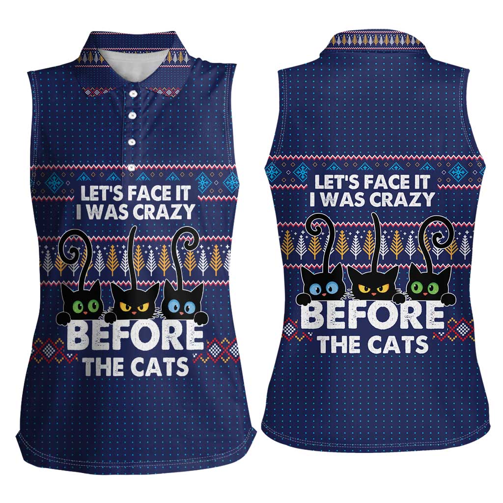 Crazy Cat Lover Women Sleeveless Polo Shirt with Black Cats and Funny Quote in Blue Holiday Knit Pattern Design - Wonder Print Shop