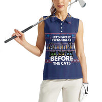 Crazy Cat Lover Women Sleeveless Polo Shirt with Black Cats and Funny Quote in Blue Holiday Knit Pattern Design - Wonder Print Shop