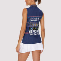 Crazy Cat Lover Women Sleeveless Polo Shirt with Black Cats and Funny Quote in Blue Holiday Knit Pattern Design - Wonder Print Shop