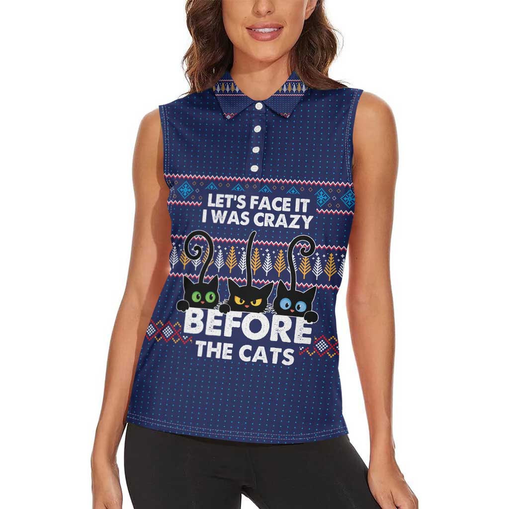 Crazy Cat Lover Women Sleeveless Polo Shirt with Black Cats and Funny Quote in Blue Holiday Knit Pattern Design - Wonder Print Shop