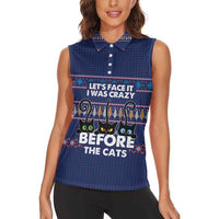 Crazy Cat Lover Women Sleeveless Polo Shirt with Black Cats and Funny Quote in Blue Holiday Knit Pattern Design - Wonder Print Shop