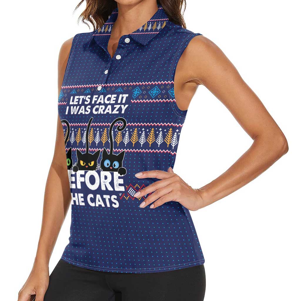 Crazy Cat Lover Women Sleeveless Polo Shirt with Black Cats and Funny Quote in Blue Holiday Knit Pattern Design - Wonder Print Shop