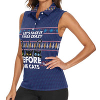 Crazy Cat Lover Women Sleeveless Polo Shirt with Black Cats and Funny Quote in Blue Holiday Knit Pattern Design - Wonder Print Shop