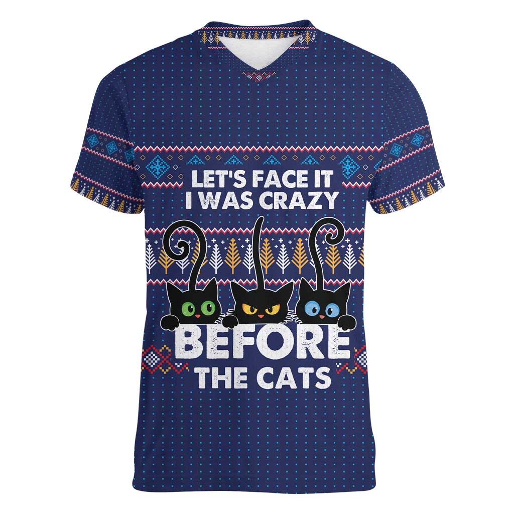 Crazy Cat Lover Women V-Neck T-Shirt with Black Cats and Funny Quote in Blue Holiday Knit Pattern Design - Wonder Print Shop
