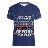 Crazy Cat Lover Women V-Neck T-Shirt with Black Cats and Funny Quote in Blue Holiday Knit Pattern Design - Wonder Print Shop