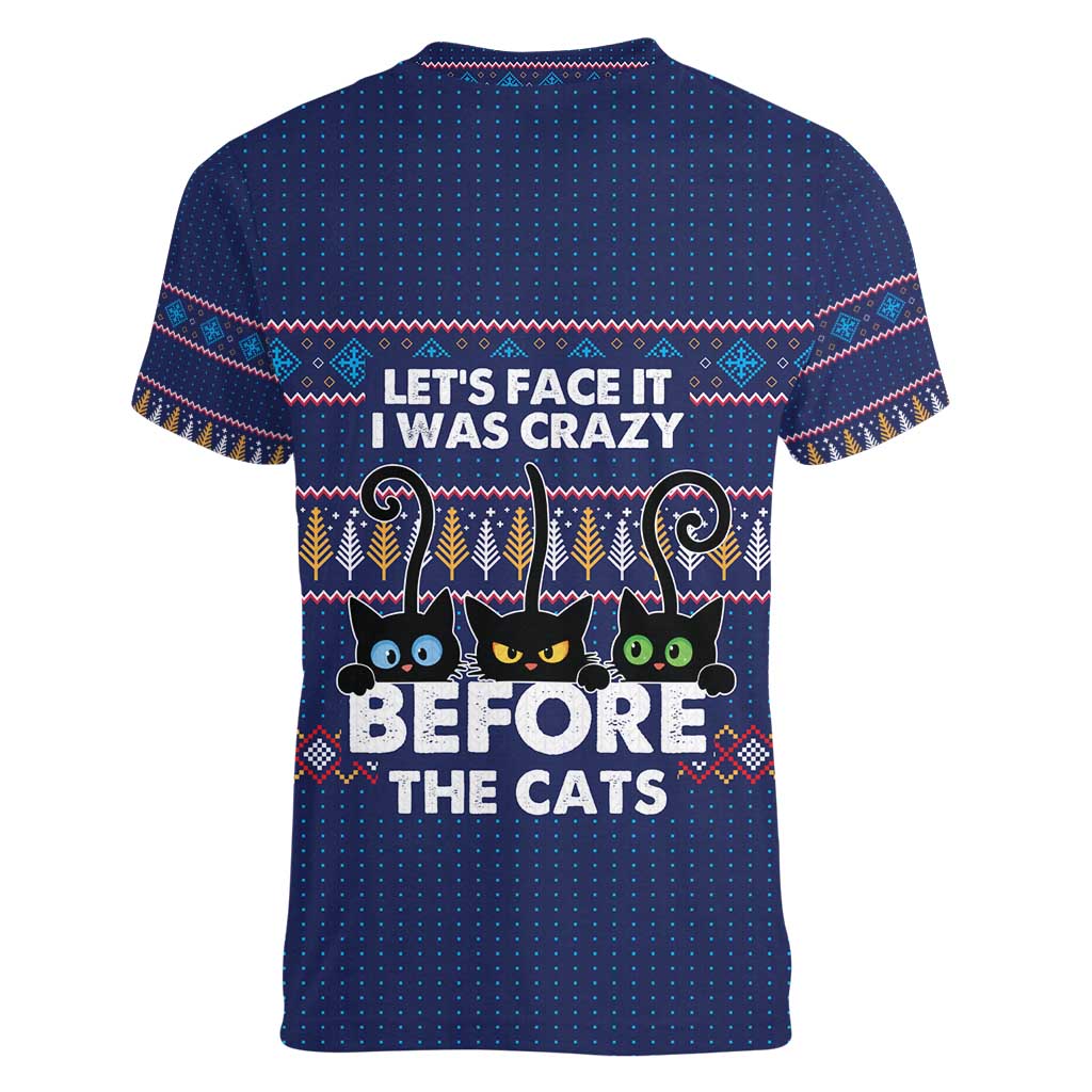 Crazy Cat Lover Women V-Neck T-Shirt with Black Cats and Funny Quote in Blue Holiday Knit Pattern Design - Wonder Print Shop