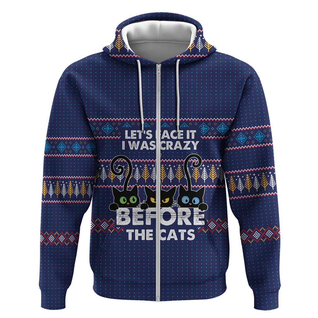 Crazy Cat Lover Zip Hoodie with Black Cats and Funny Quote in Blue Holiday Knit Pattern Design - Wonder Print Shop