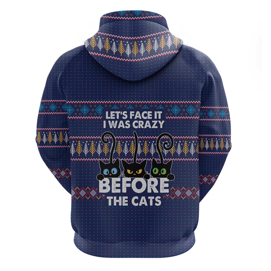 Crazy Cat Lover Zip Hoodie with Black Cats and Funny Quote in Blue Holiday Knit Pattern Design - Wonder Print Shop