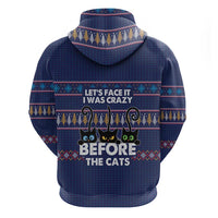 Crazy Cat Lover Zip Hoodie with Black Cats and Funny Quote in Blue Holiday Knit Pattern Design - Wonder Print Shop