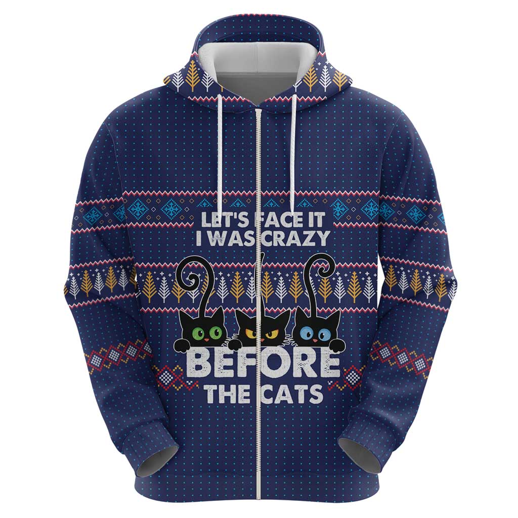 Crazy Cat Lover Zip Hoodie with Black Cats and Funny Quote in Blue Holiday Knit Pattern Design - Wonder Print Shop