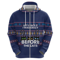 Crazy Cat Lover Zip Hoodie with Black Cats and Funny Quote in Blue Holiday Knit Pattern Design - Wonder Print Shop