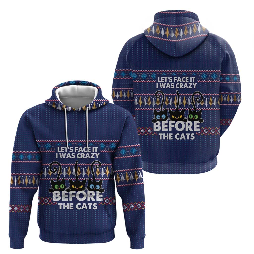 Crazy Cat Lover Zip Hoodie with Black Cats and Funny Quote in Blue Holiday Knit Pattern Design - Wonder Print Shop