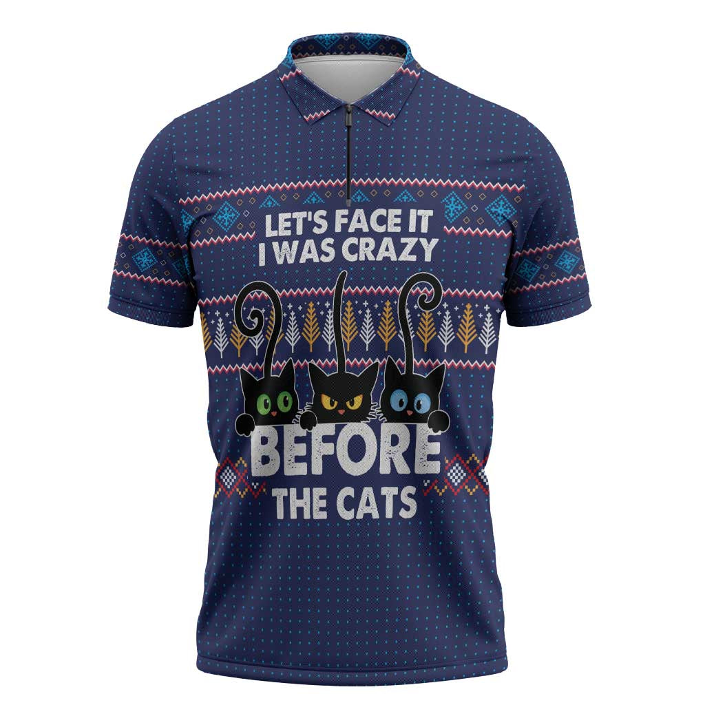 Crazy Cat Lover Zipper Polo Shirt with Black Cats and Funny Quote in Blue Holiday Knit Pattern Design - Wonder Print Shop