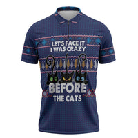 Crazy Cat Lover Zipper Polo Shirt with Black Cats and Funny Quote in Blue Holiday Knit Pattern Design - Wonder Print Shop