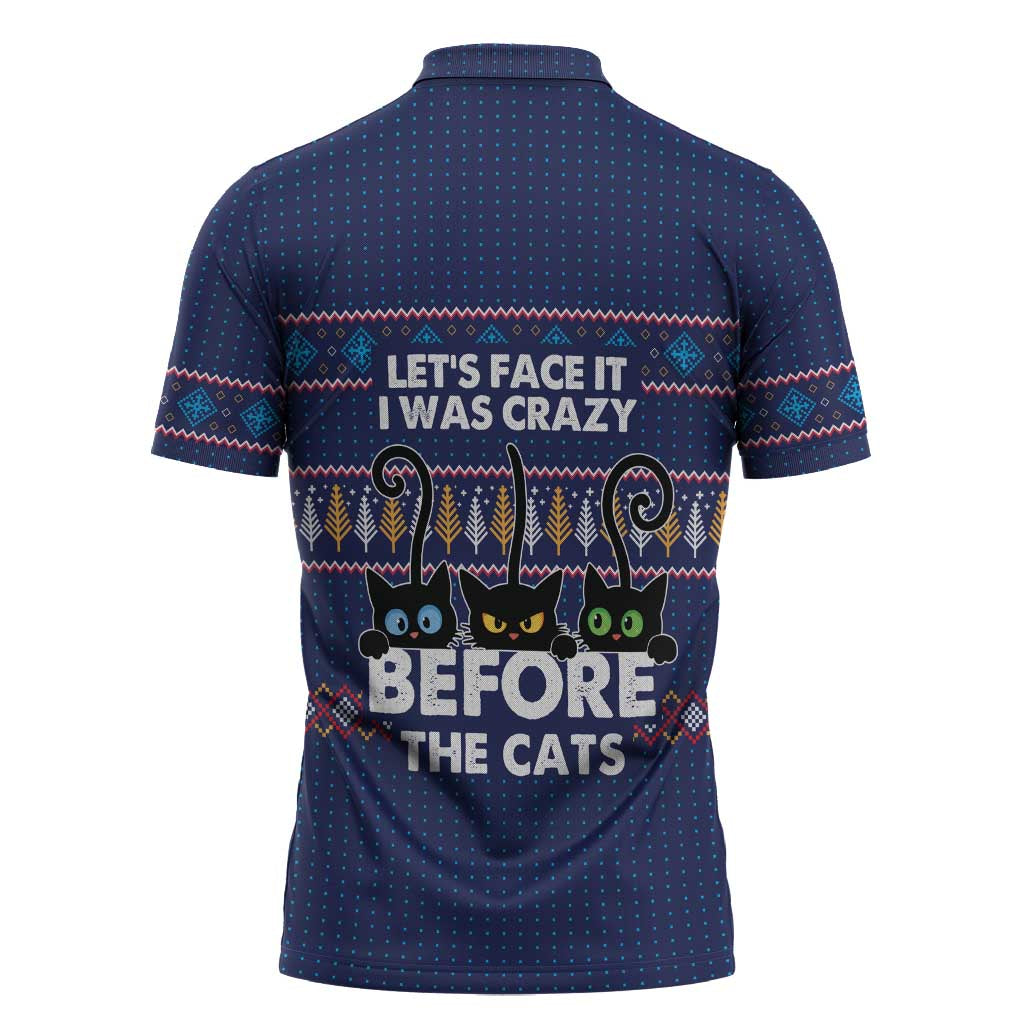 Crazy Cat Lover Zipper Polo Shirt with Black Cats and Funny Quote in Blue Holiday Knit Pattern Design - Wonder Print Shop