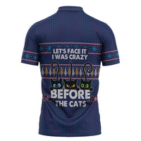 Crazy Cat Lover Zipper Polo Shirt with Black Cats and Funny Quote in Blue Holiday Knit Pattern Design - Wonder Print Shop
