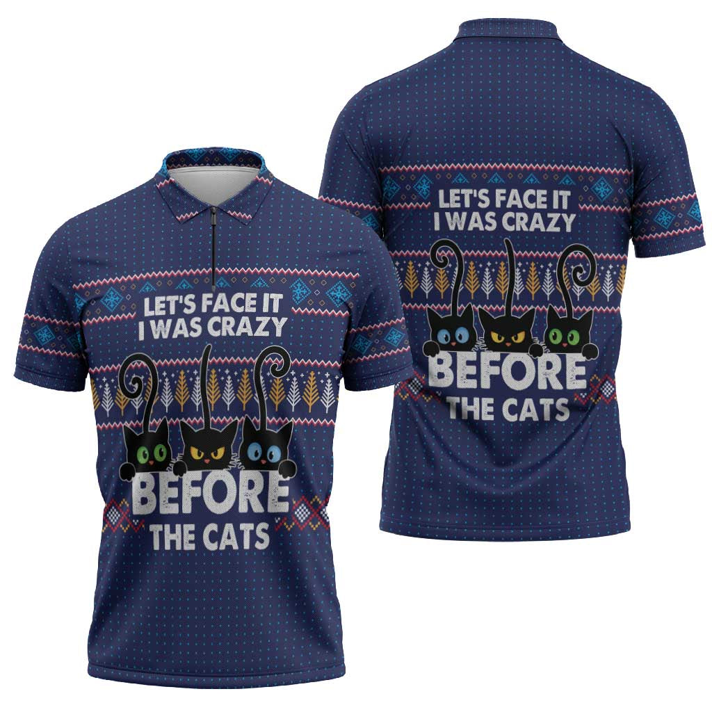 Crazy Cat Lover Zipper Polo Shirt with Black Cats and Funny Quote in Blue Holiday Knit Pattern Design - Wonder Print Shop