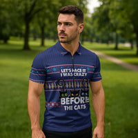 Crazy Cat Lover Zipper Polo Shirt with Black Cats and Funny Quote in Blue Holiday Knit Pattern Design - Wonder Print Shop