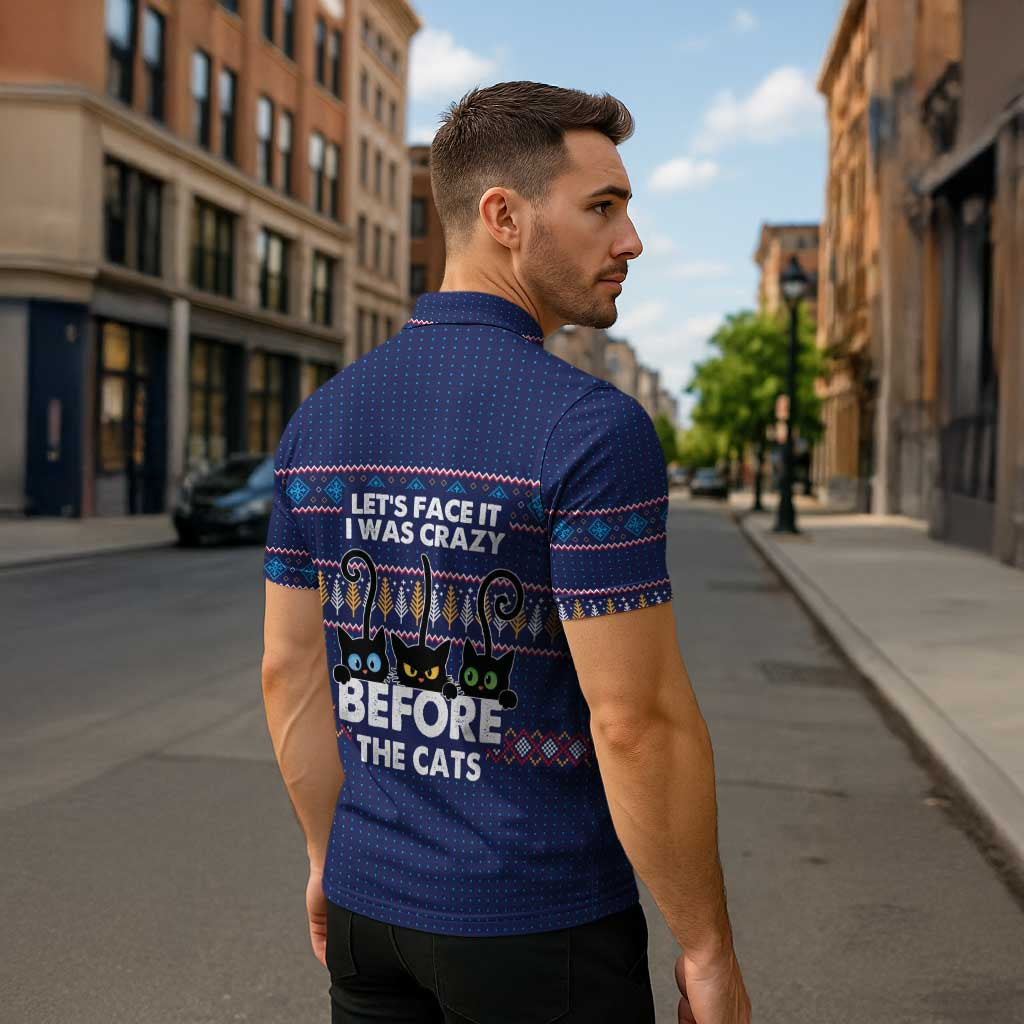 Crazy Cat Lover Zipper Polo Shirt with Black Cats and Funny Quote in Blue Holiday Knit Pattern Design - Wonder Print Shop