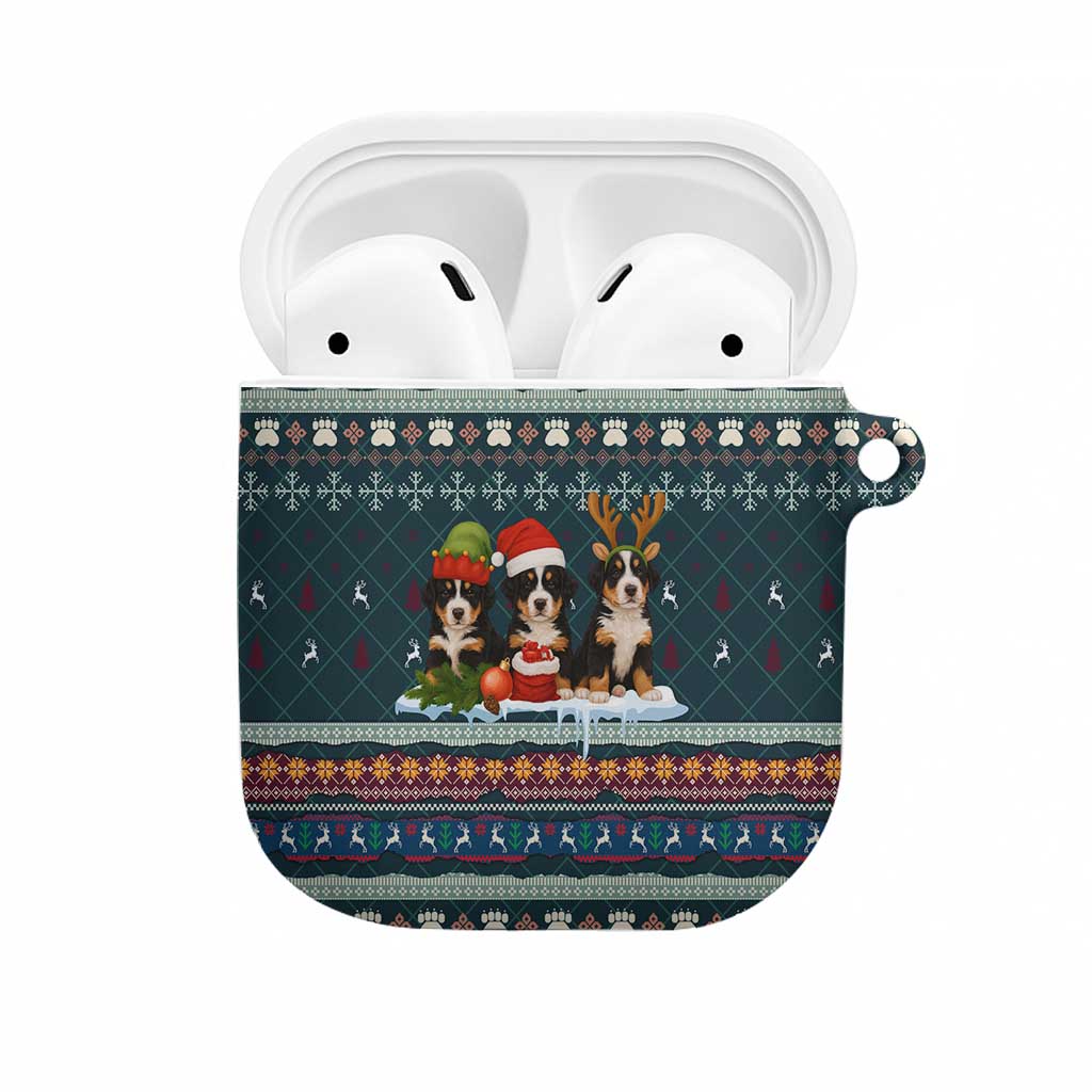 Bernese Mountain Dogs in Holiday Costumes AirPods Case with Green Snowflake Pattern Design - Wonder Print Shop