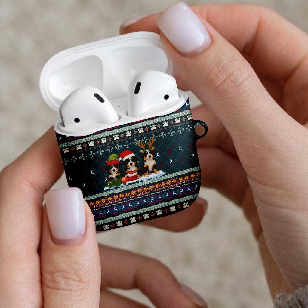 Bernese Mountain Dogs in Holiday Costumes AirPods Case with Green Snowflake Pattern Design - Wonder Print Shop
