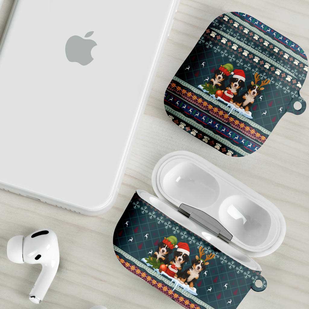 Bernese Mountain Dogs in Holiday Costumes AirPods Case with Green Snowflake Pattern Design - Wonder Print Shop