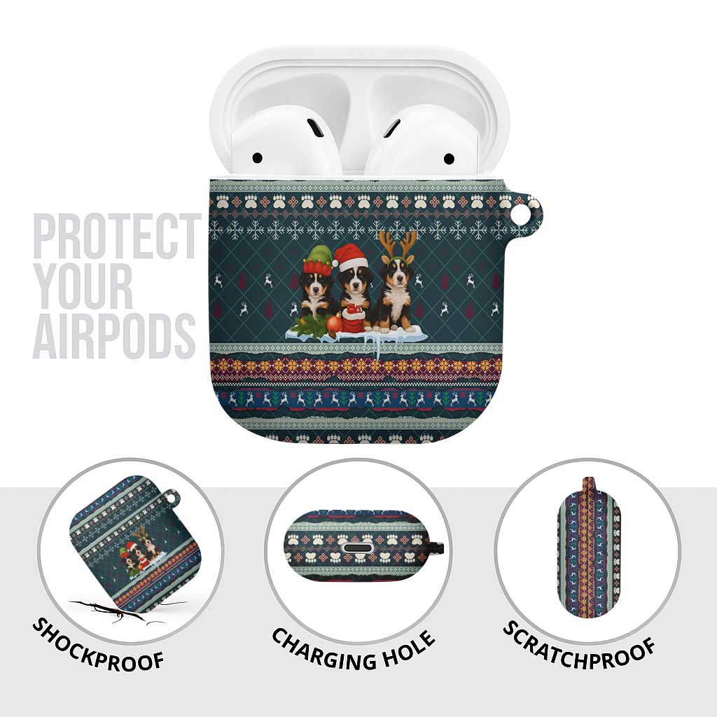 Bernese Mountain Dogs in Holiday Costumes AirPods Case with Green Snowflake Pattern Design - Wonder Print Shop