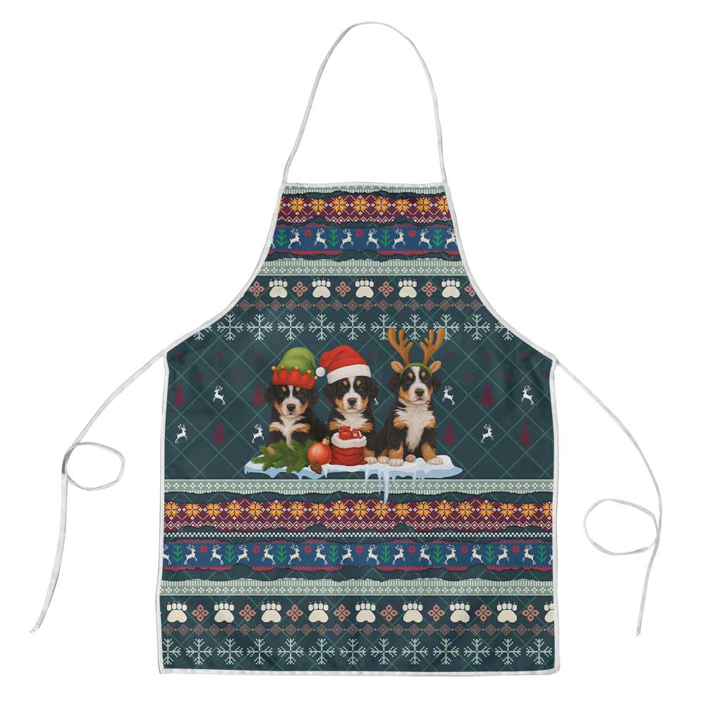 Bernese Mountain Dogs in Holiday Costumes Apron with Green Snowflake Pattern Design - Wonder Print Shop
