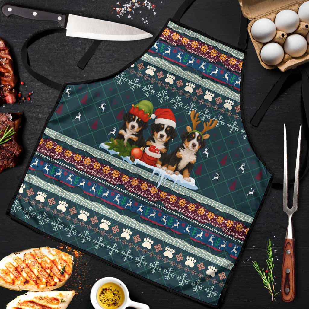 Bernese Mountain Dogs in Holiday Costumes Apron with Green Snowflake Pattern Design - Wonder Print Shop