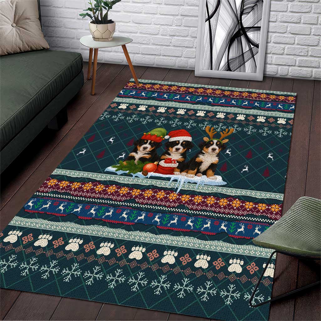 Bernese Mountain Dogs in Holiday Costumes Area Rug with Green Snowflake Pattern Design - Wonder Print Shop