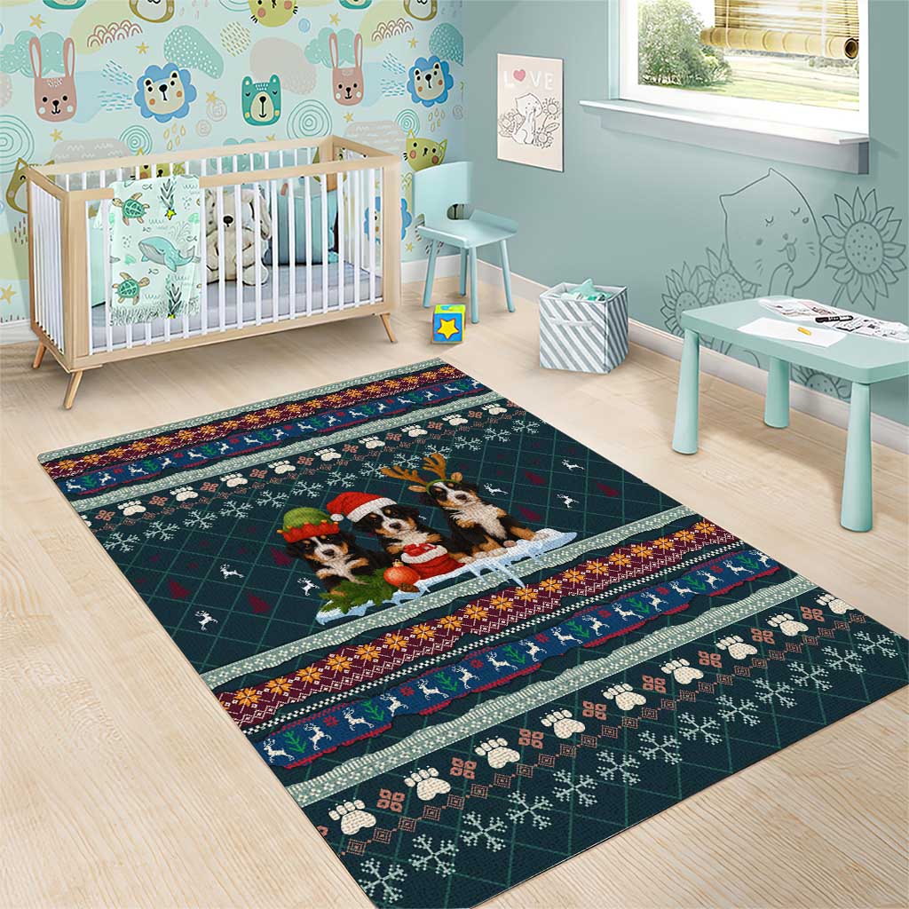 Bernese Mountain Dogs in Holiday Costumes Area Rug with Green Snowflake Pattern Design - Wonder Print Shop