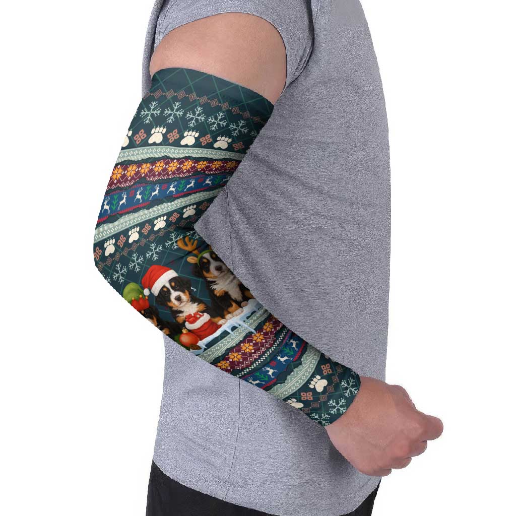 Bernese Mountain Dogs in Holiday Costumes Arm Sleeves with Green Snowflake Pattern Design - Wonder Print Shop
