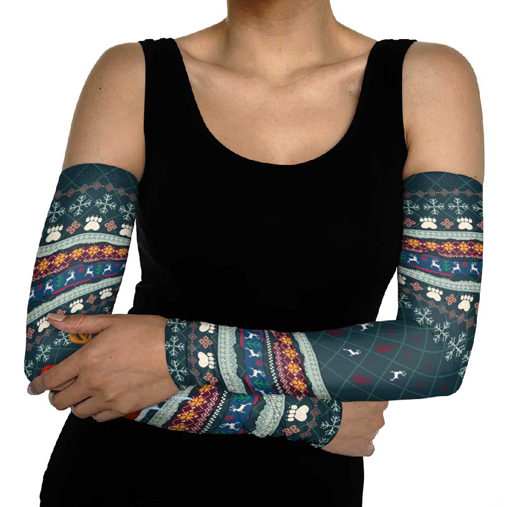 Bernese Mountain Dogs in Holiday Costumes Arm Sleeves with Green Snowflake Pattern Design - Wonder Print Shop
