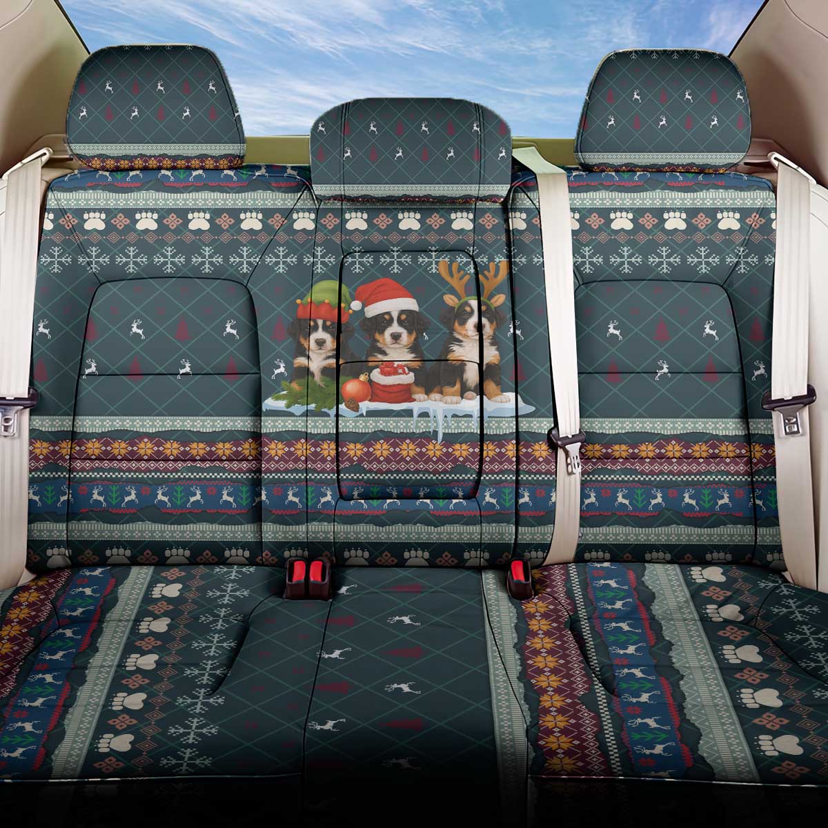 Bernese Mountain Dogs in Holiday Costumes Back Car Seat Cover with Green Snowflake Pattern Design - Wonder Print Shop