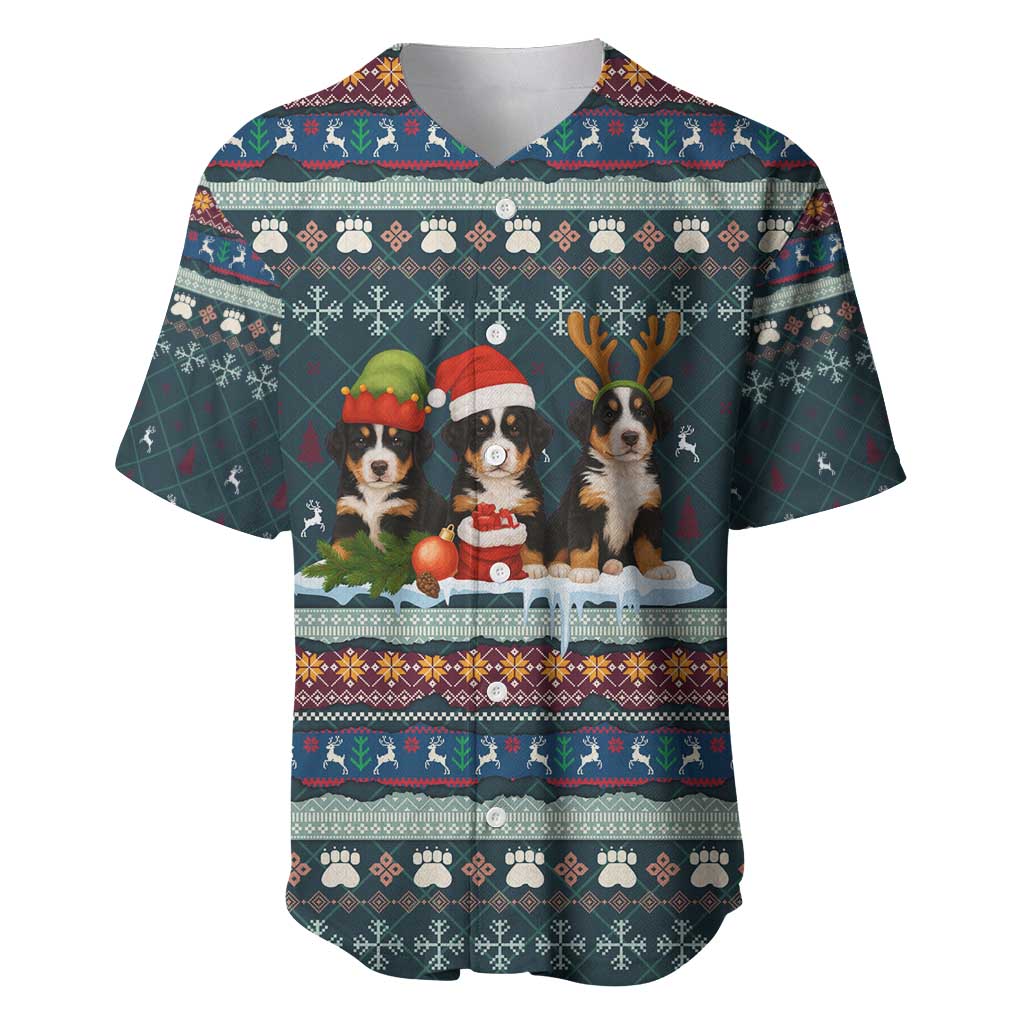 Bernese Mountain Dogs in Holiday Costumes Baseball Jersey with Green Snowflake Pattern Design - Wonder Print Shop