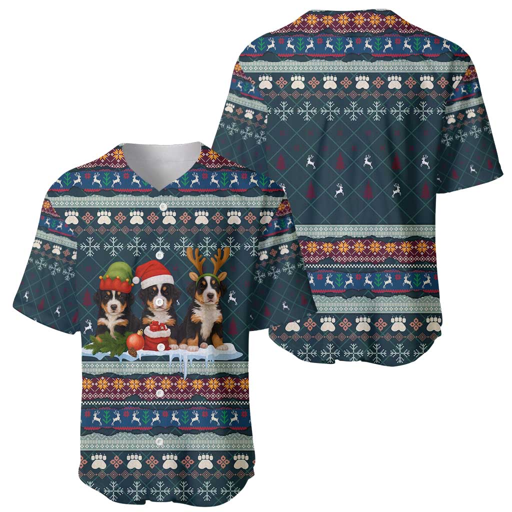 Bernese Mountain Dogs in Holiday Costumes Baseball Jersey with Green Snowflake Pattern Design - Wonder Print Shop