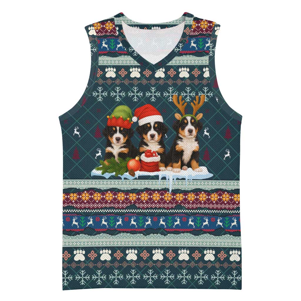 Bernese Mountain Dogs in Holiday Costumes Basketball Jersey with Green Snowflake Pattern Design - Wonder Print Shop