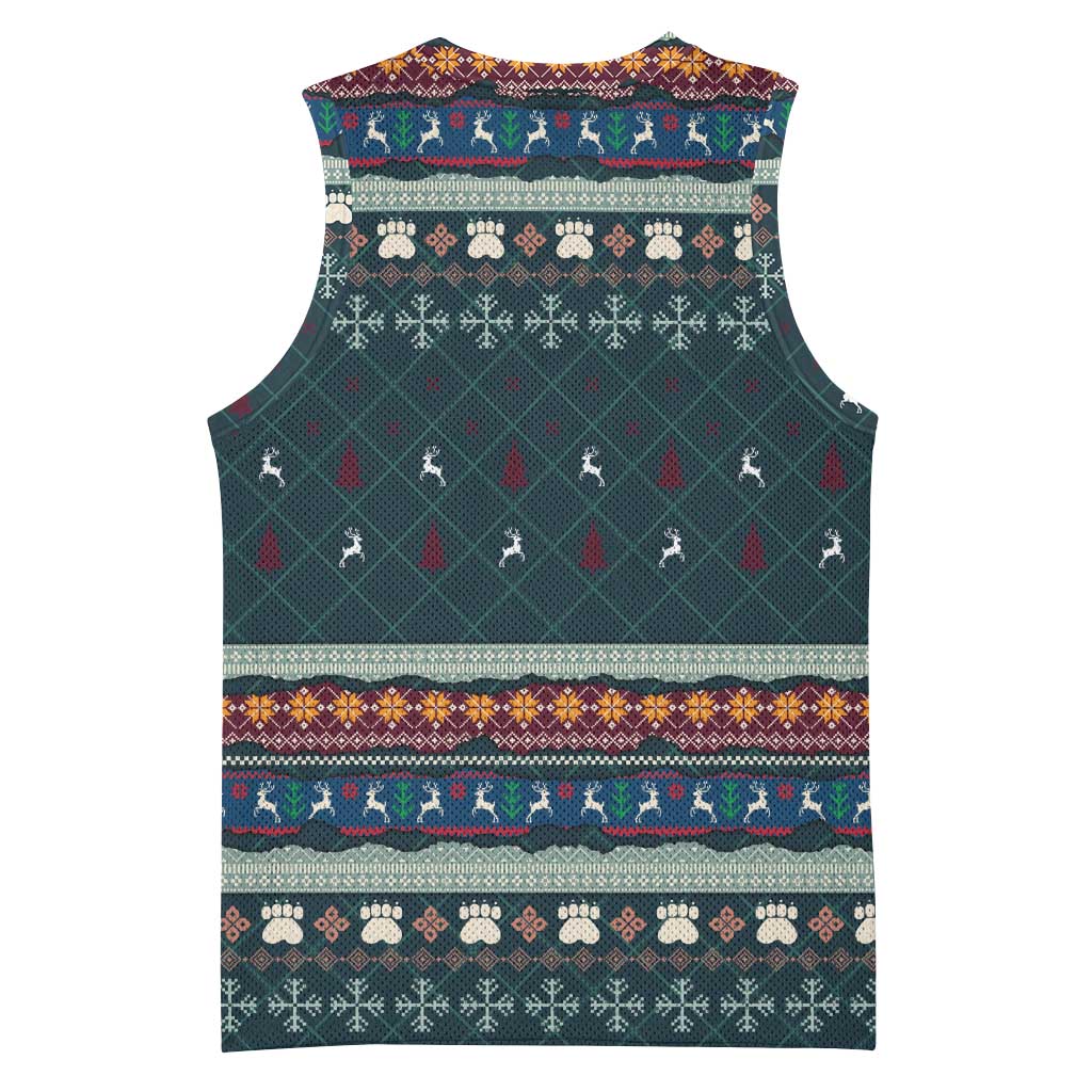 Bernese Mountain Dogs in Holiday Costumes Basketball Jersey with Green Snowflake Pattern Design - Wonder Print Shop