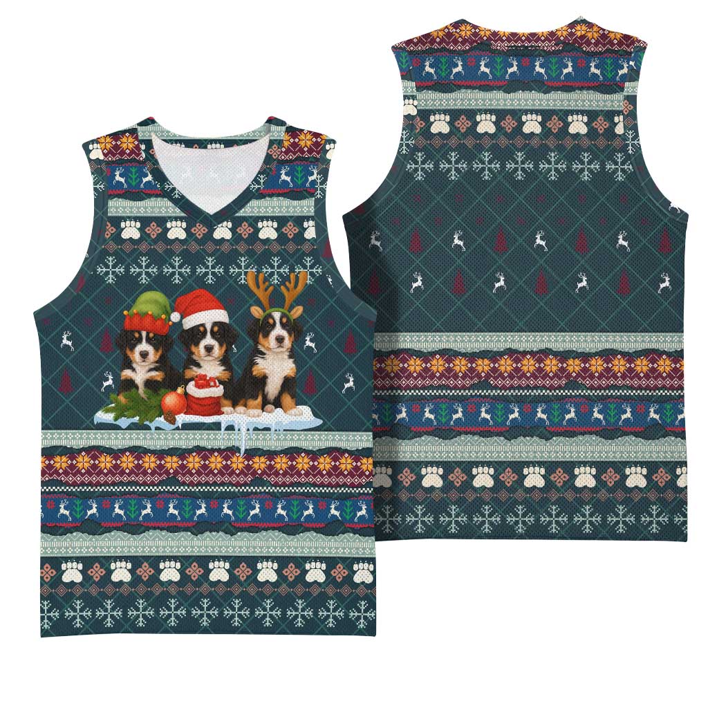 Bernese Mountain Dogs in Holiday Costumes Basketball Jersey with Green Snowflake Pattern Design - Wonder Print Shop