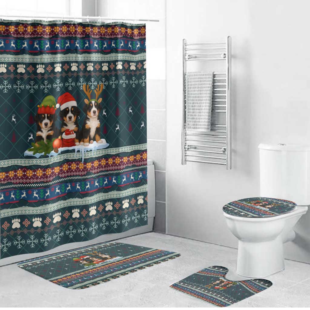 Bernese Mountain Dogs in Holiday Costumes Bathroom Set with Green Snowflake Pattern Design - Wonder Print Shop